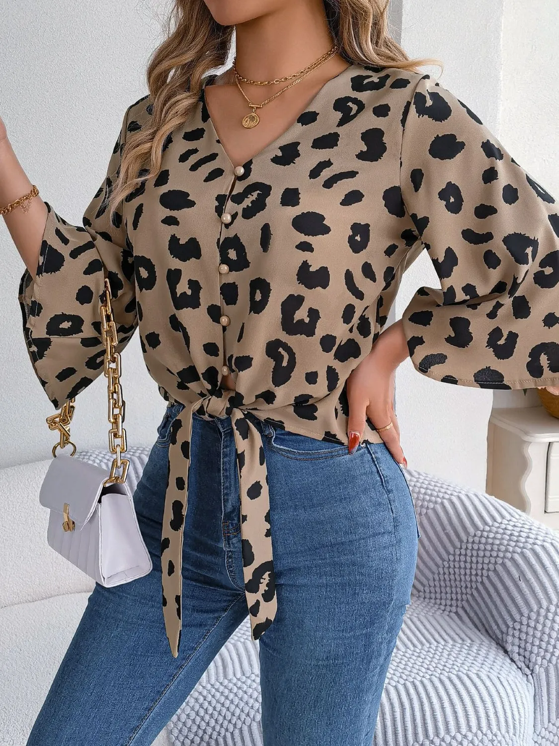 Jenny Tied Button Up Leopard V-Neck Blouse