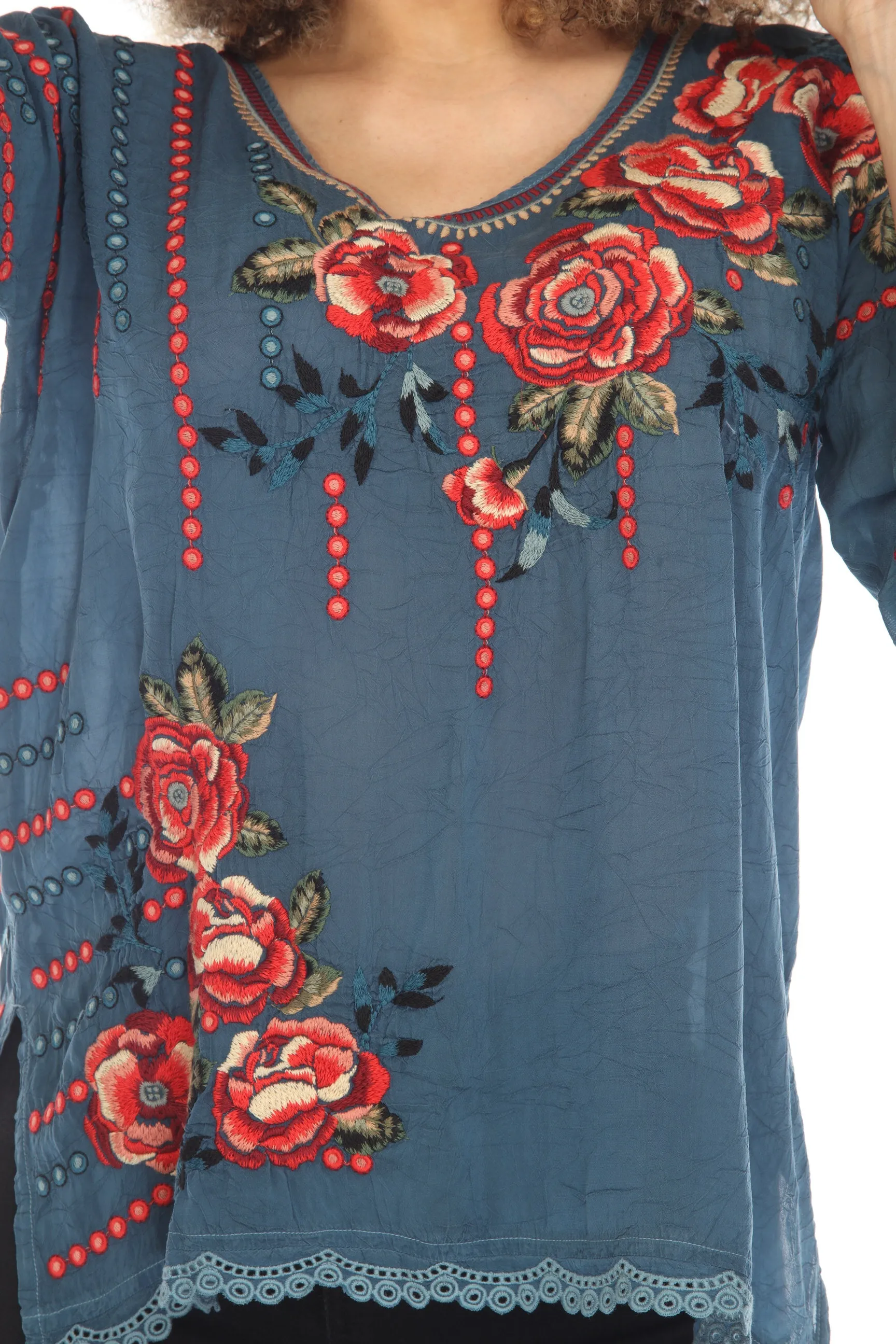 Johnny Was Giovanna Embroidered 3/4 Sleeve Blouse Boho Chic C18923 *