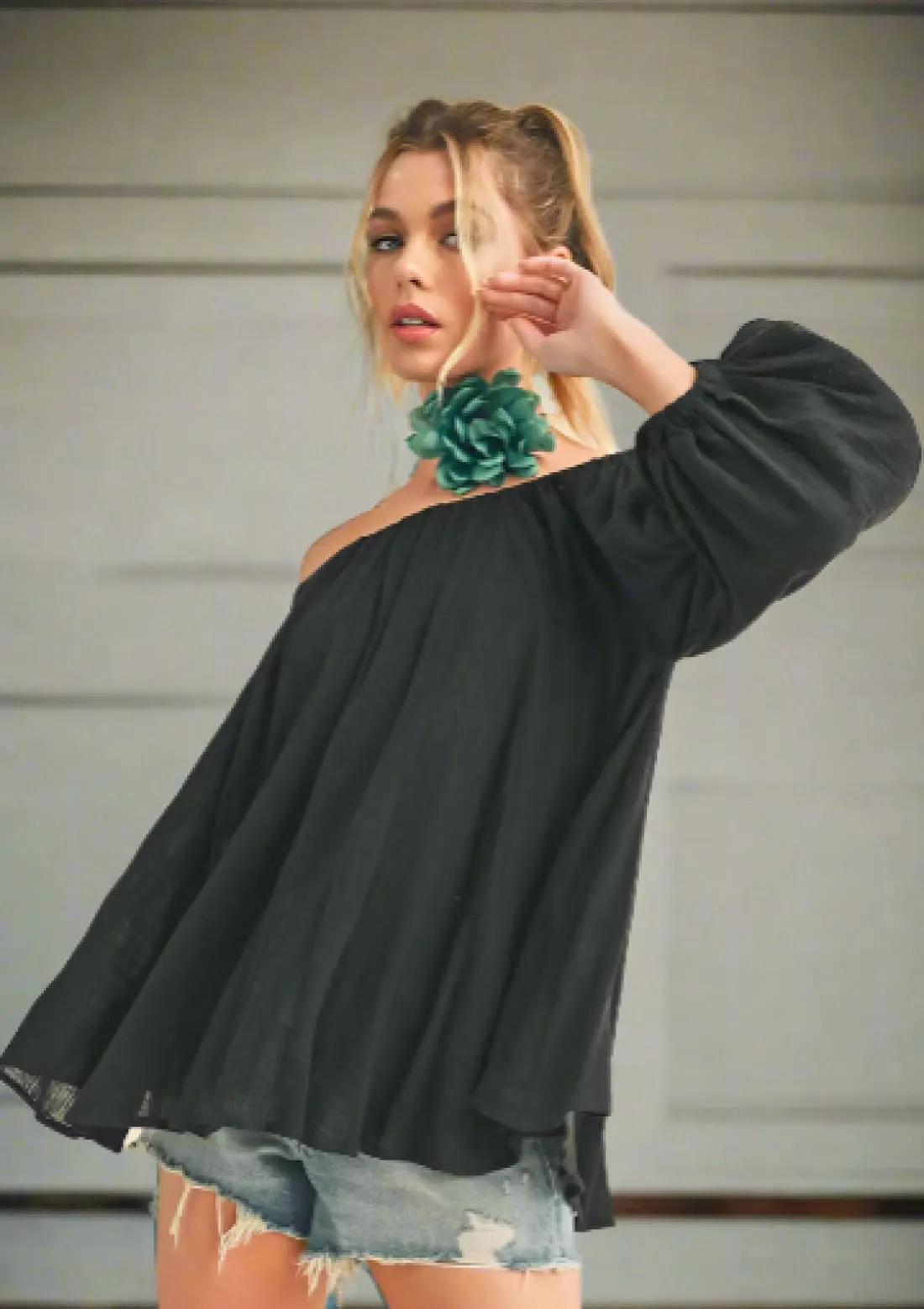 Off-Shoulder Cotton Balloon Sleeve Blouse - Black