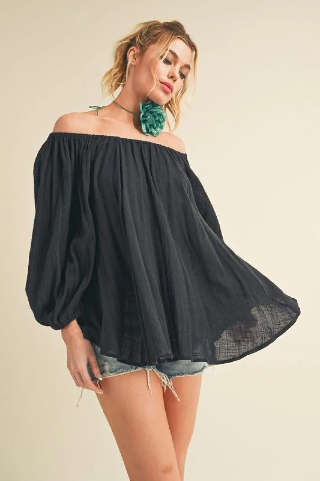 Off-Shoulder Cotton Balloon Sleeve Blouse - Black