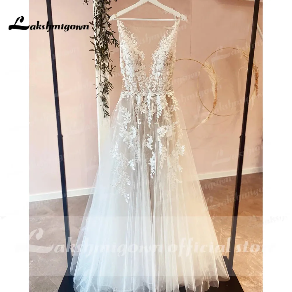 Sexy A-Line Backless Wedding Dress  Vintage Lace Applique Beaded Off White Tulle Wedding Gowns Trouwjurk Long Bridal Dress