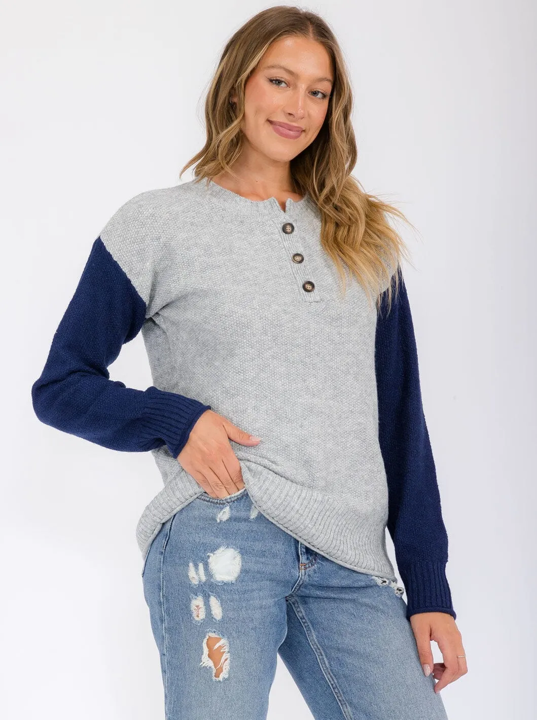 WOMEN'S LONG SLEEVE BUTTON UP COLORBLOCK BLOUSE TOP