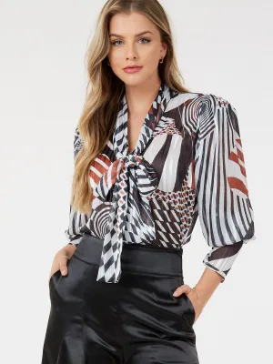 WOMEN'S LONG SLEEVE BUTTON UP V-NECK MULTI PRINT BLOUSE