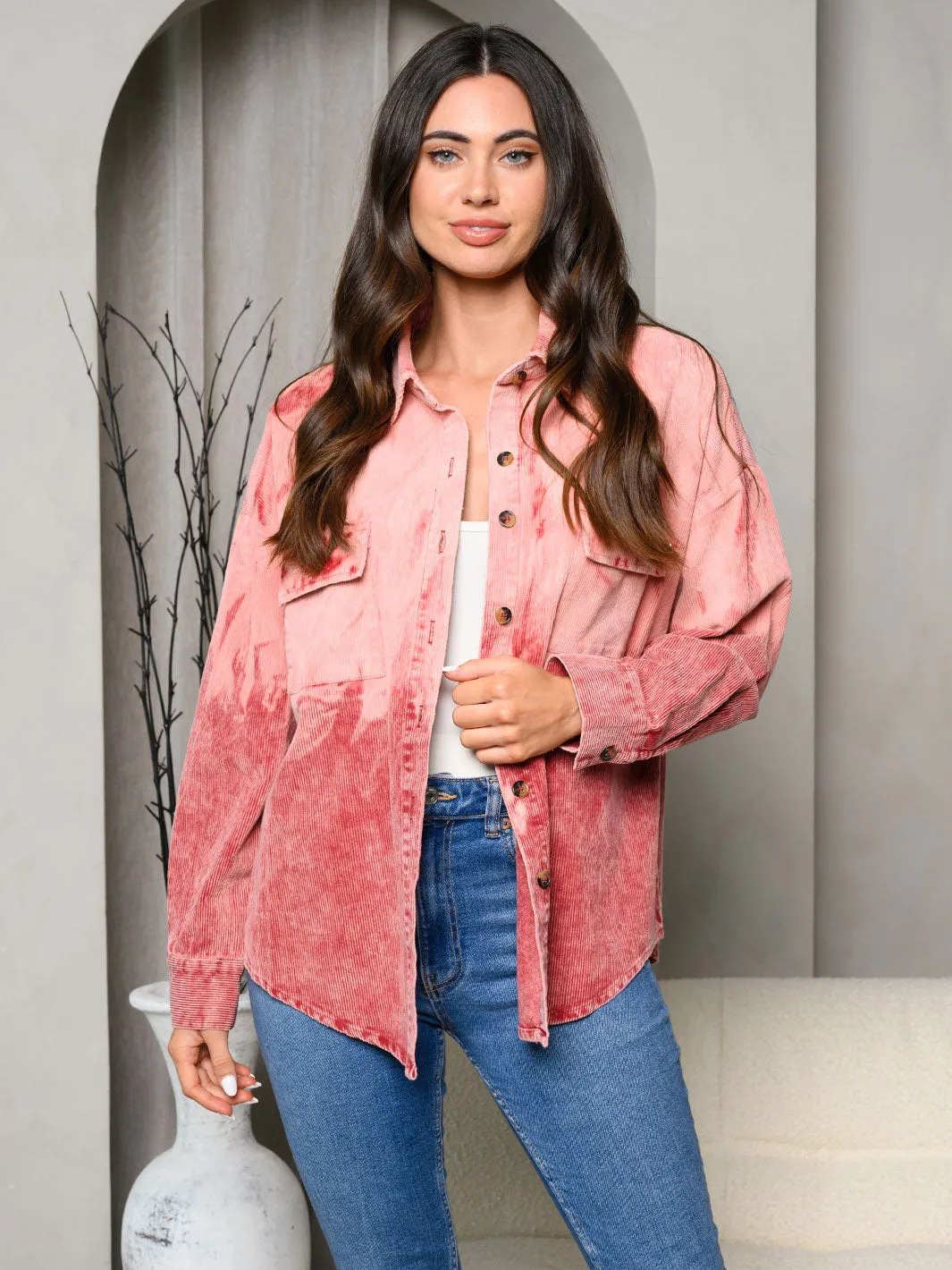 WOMEN'S LONG SLEEVE CORDUROY COLORBLOCK SHIRT TOP