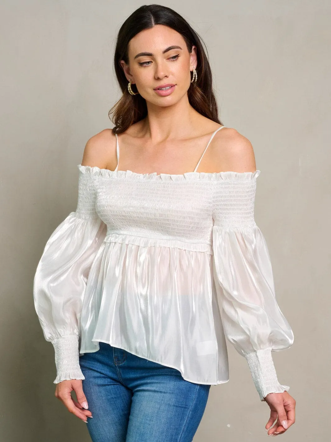 WOMEN'S LONG SLEEVE OFF SHOULDER SMOCK  BLOUSE