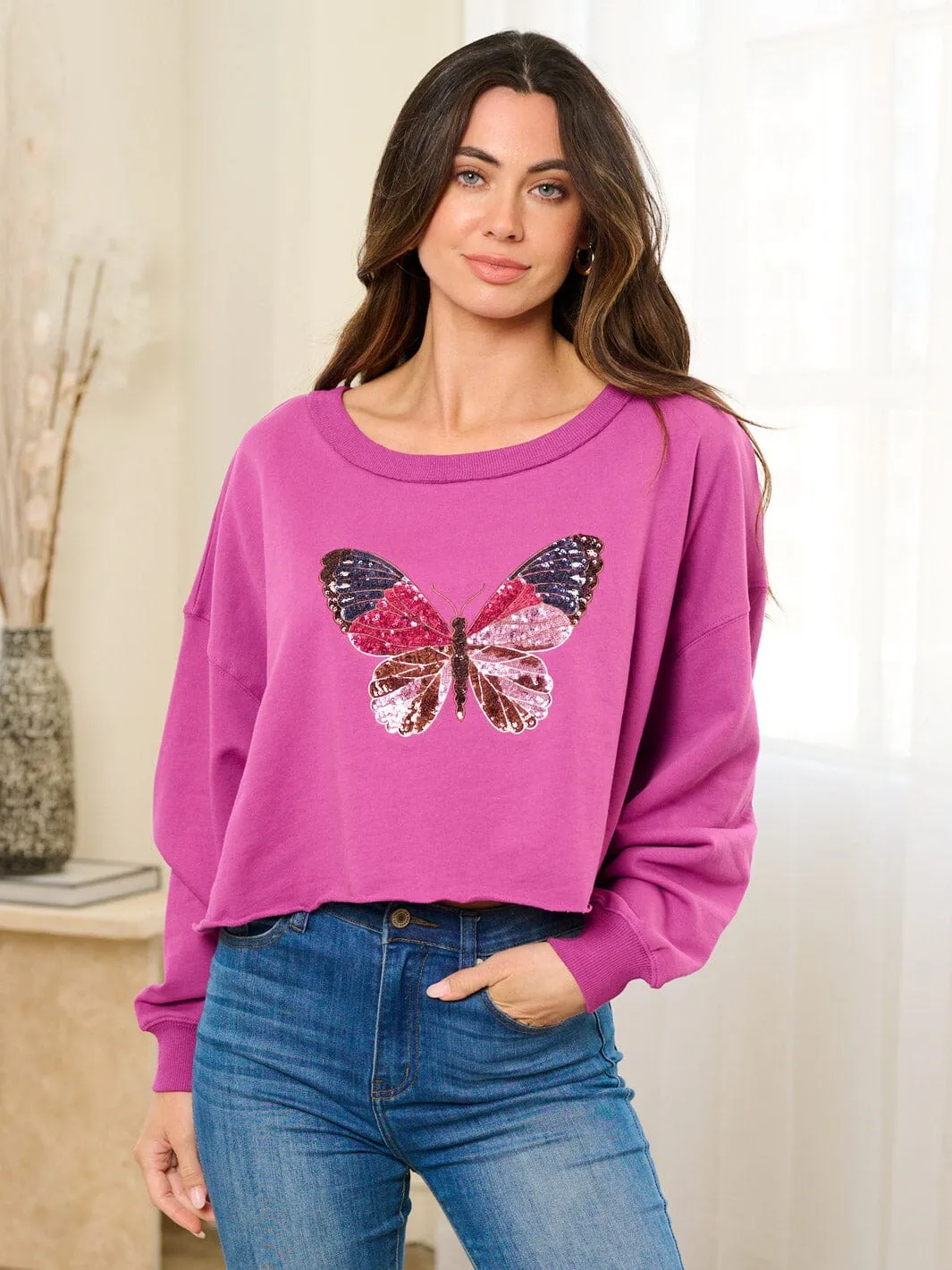 WOMEN'S LONG SLEEVE SEQUINS BUTTERFLY TOP