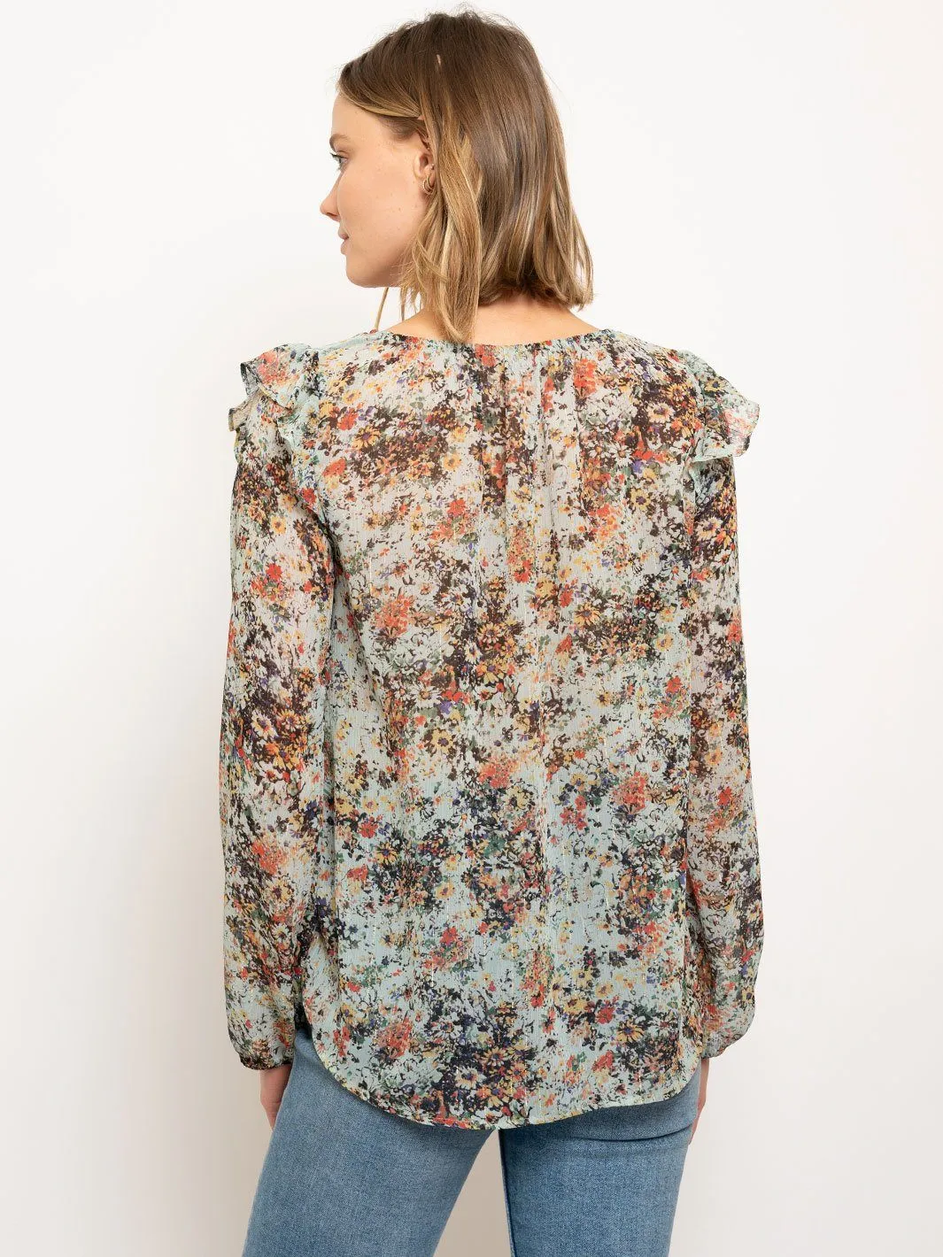 WOMEN'S RUFFLE LONG SLEEVE FLORAL TOP