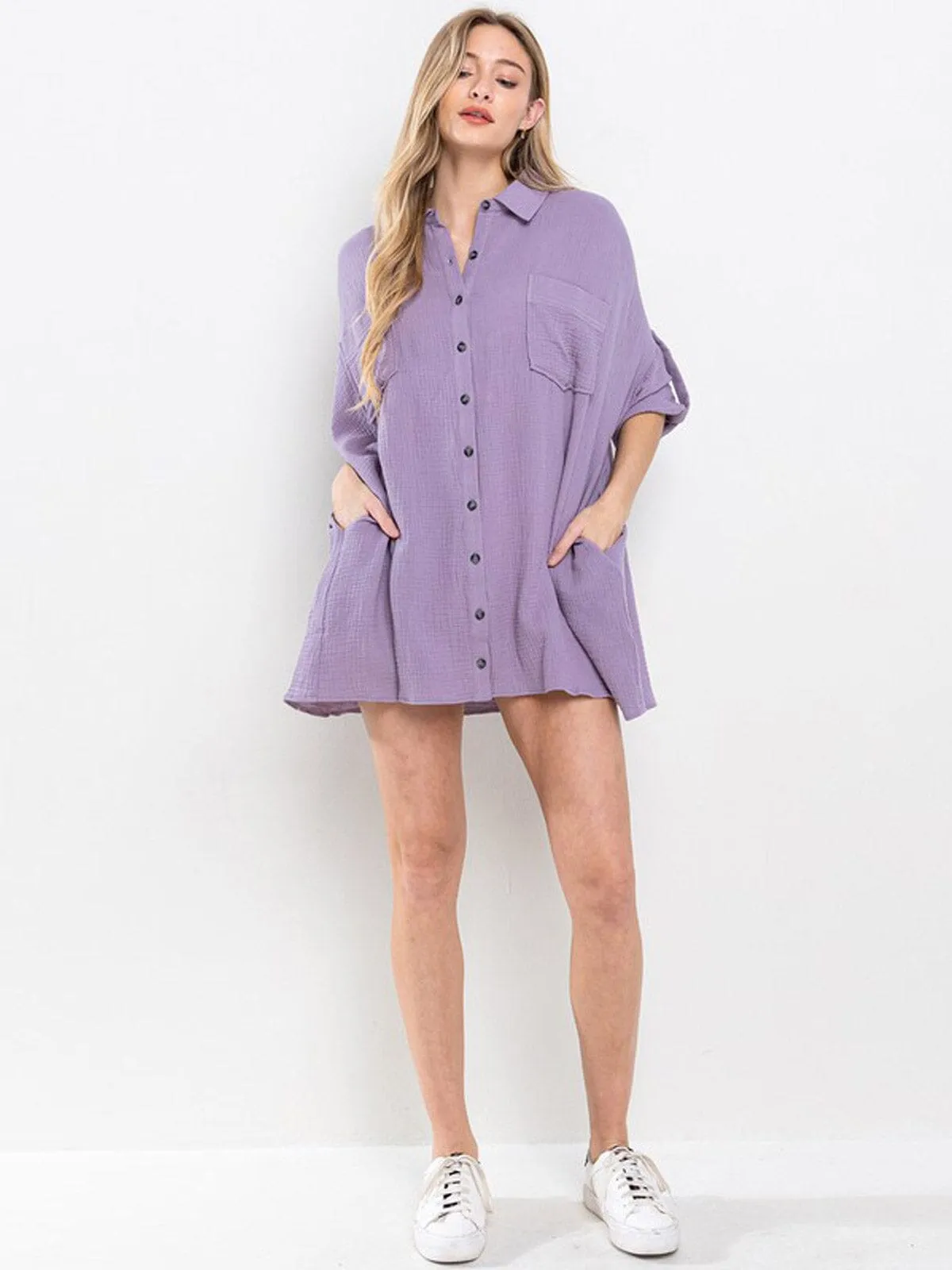 WOMEN'S SHORT SLEEVE BUTTON UP POCKETS LOOSE FIT OVERSIDE TUNIC TOP