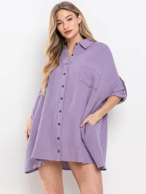WOMEN'S SHORT SLEEVE BUTTON UP POCKETS LOOSE FIT OVERSIDE TUNIC TOP