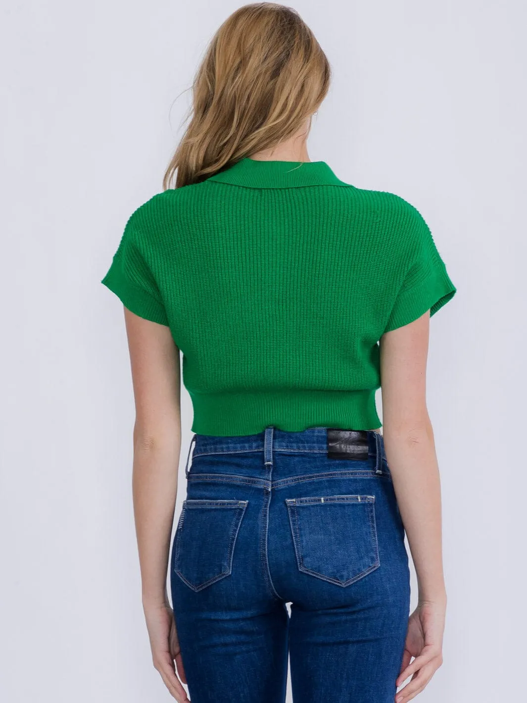 WOMEN'S SHORT SLEEVE BUTTON UP RIBBED CROP TOP